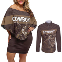 Personalised Skull Cowboy Couples Matching Off Shoulder Short Dress and Long Sleeve Button Shirt Vintage Style