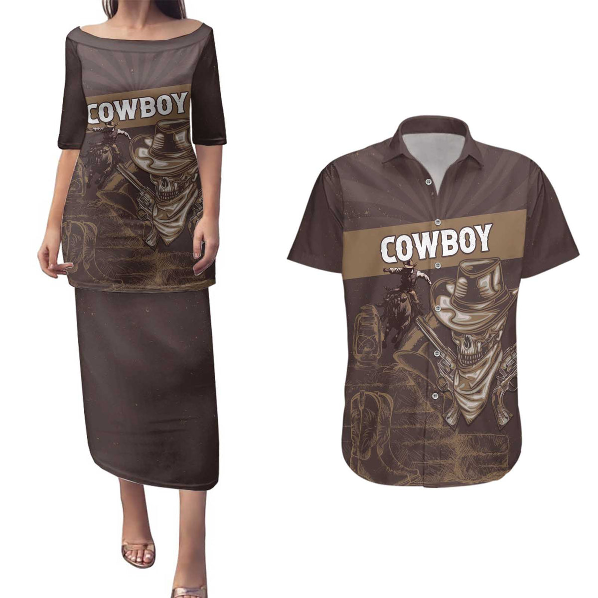 Personalised Skull Cowboy Couples Matching Puletasi and Hawaiian Shirt Vintage Style