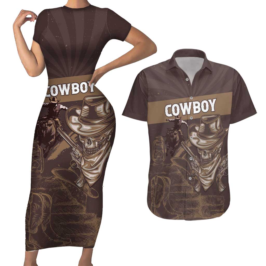 Personalised Skull Cowboy Couples Matching Short Sleeve Bodycon Dress and Hawaiian Shirt Vintage Style