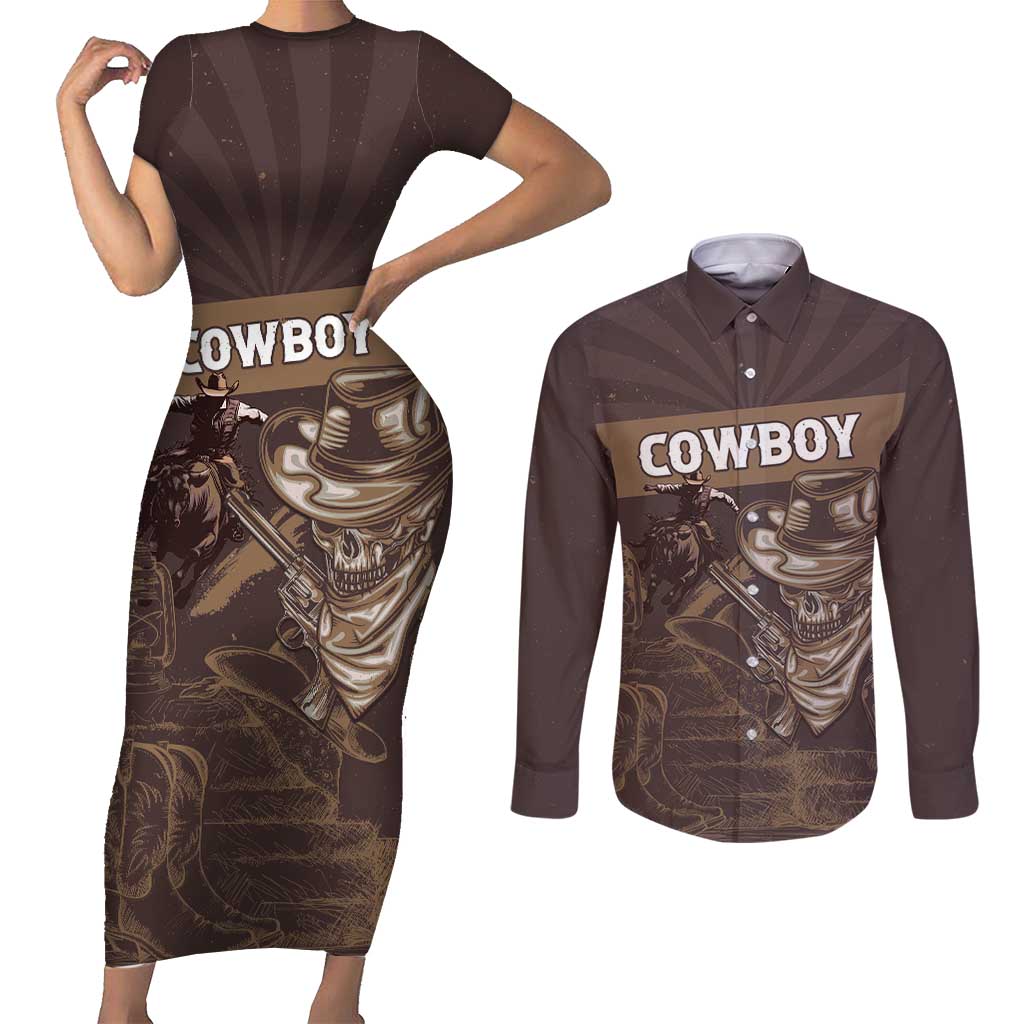 Personalised Skull Cowboy Couples Matching Short Sleeve Bodycon Dress and Long Sleeve Button Shirt Vintage Style