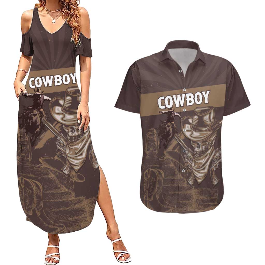 Personalised Skull Cowboy Couples Matching Summer Maxi Dress and Hawaiian Shirt Vintage Style