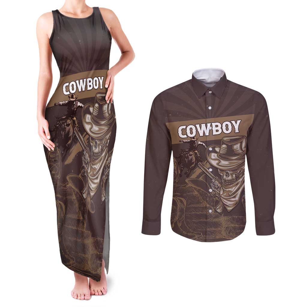 Personalised Skull Cowboy Couples Matching Tank Maxi Dress and Long Sleeve Button Shirt Vintage Style