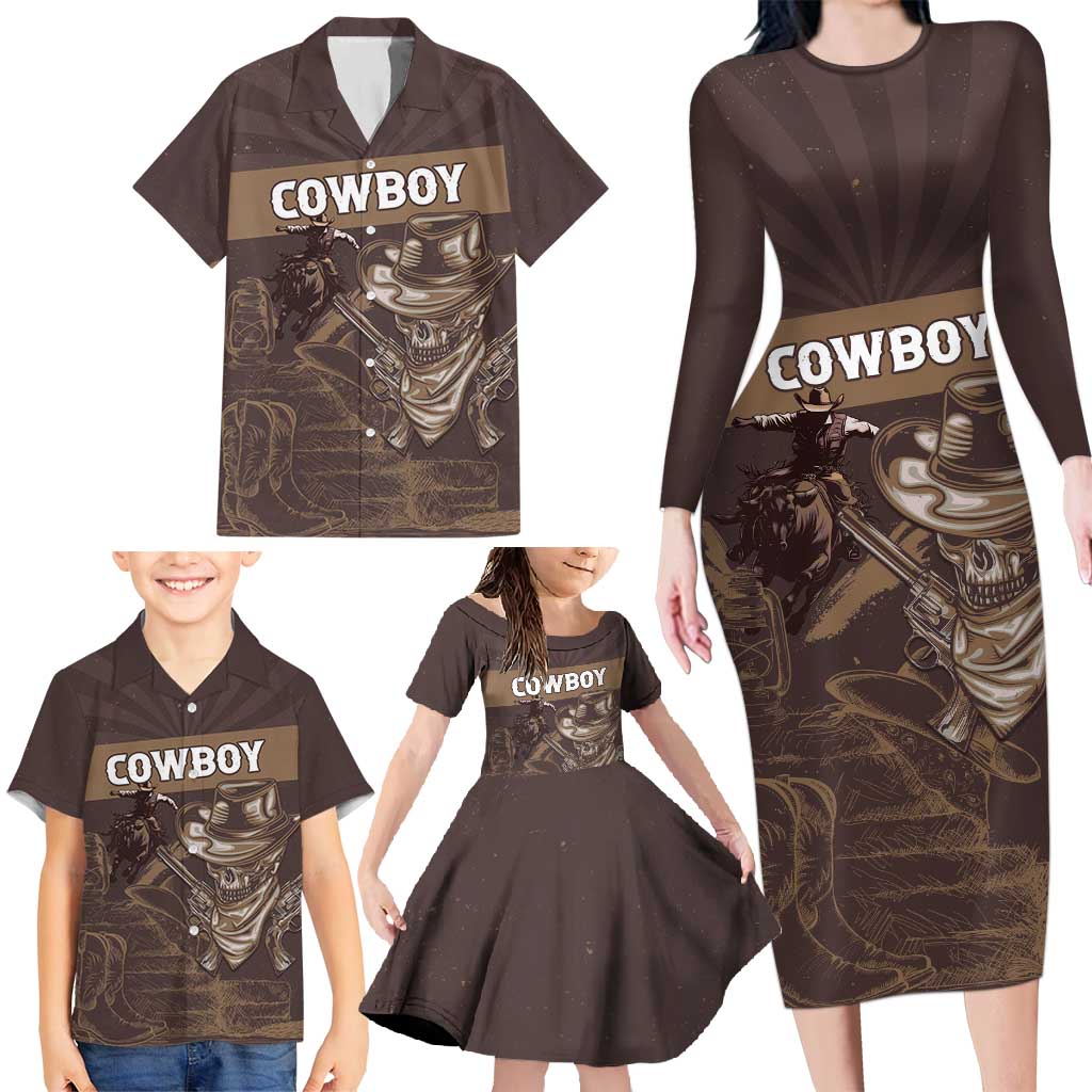 Personalised Skull Cowboy Family Matching Long Sleeve Bodycon Dress and Hawaiian Shirt Vintage Style