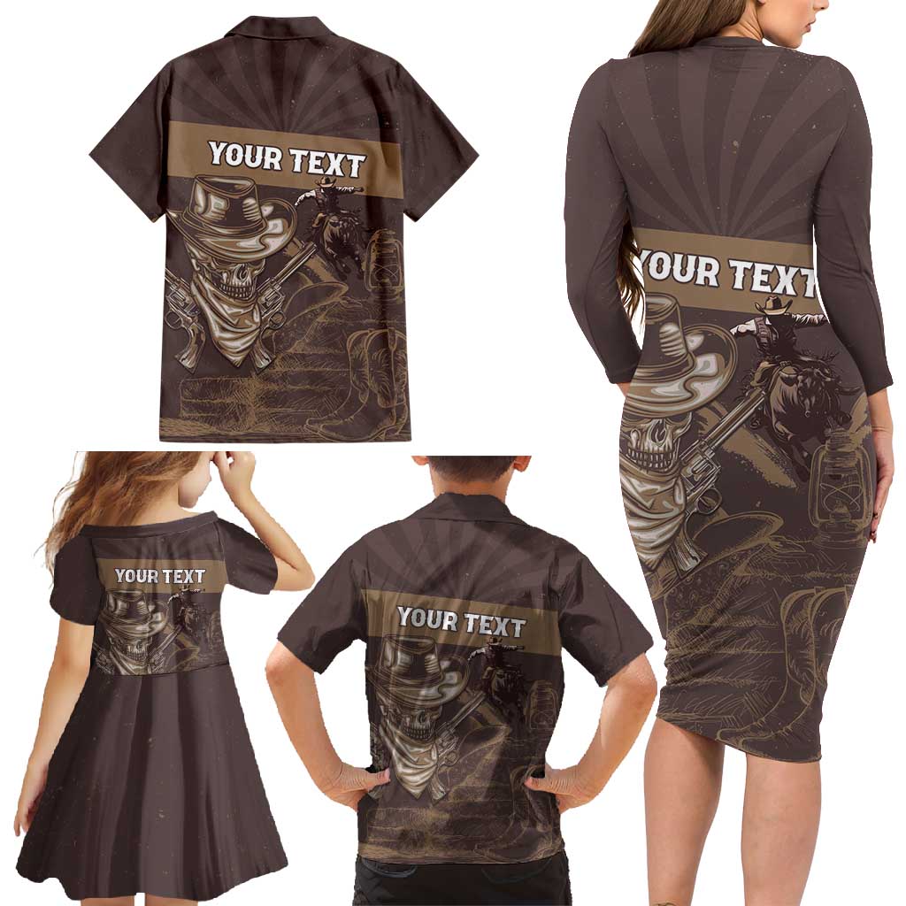 Personalised Skull Cowboy Family Matching Long Sleeve Bodycon Dress and Hawaiian Shirt Vintage Style