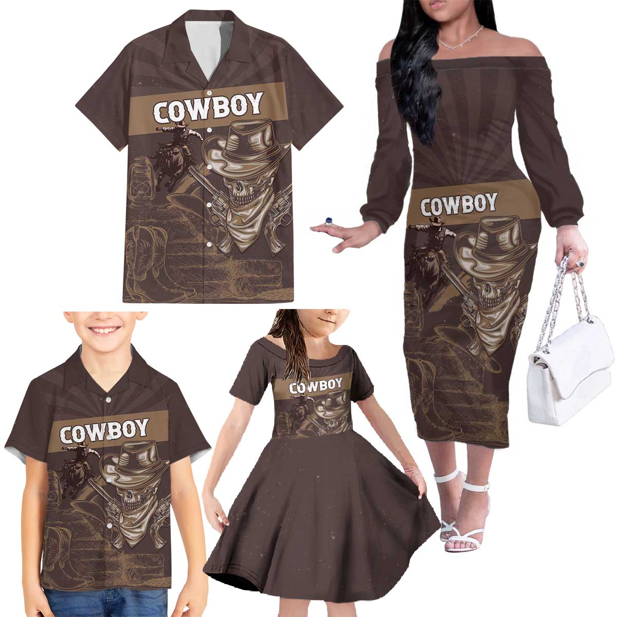 Personalised Skull Cowboy Family Matching Off The Shoulder Long Sleeve Dress and Hawaiian Shirt Vintage Style