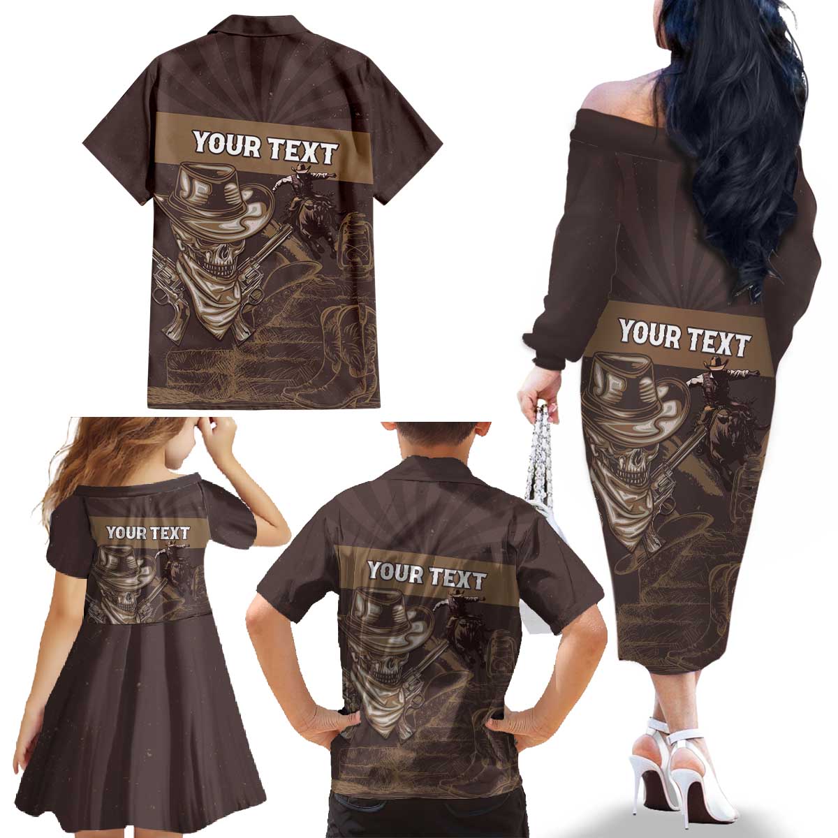 Personalised Skull Cowboy Family Matching Off The Shoulder Long Sleeve Dress and Hawaiian Shirt Vintage Style