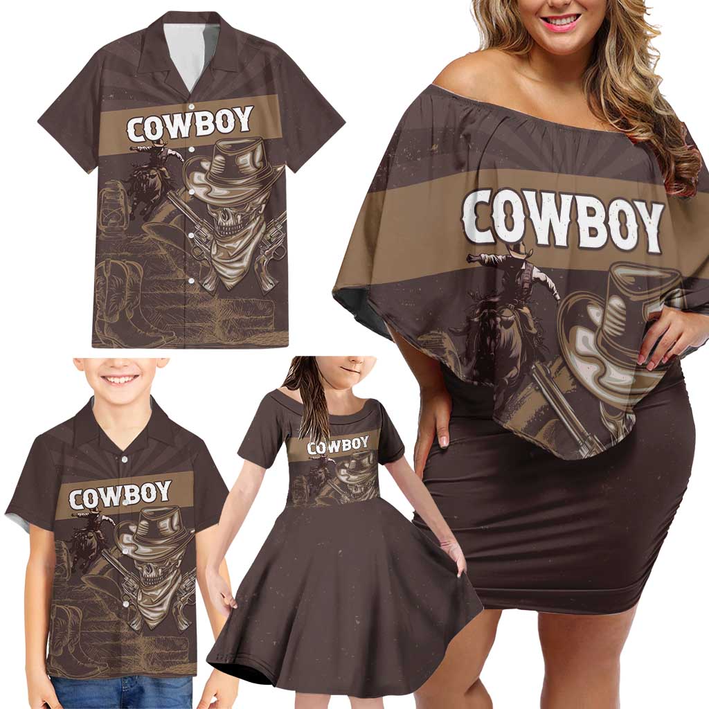 Personalised Skull Cowboy Family Matching Off Shoulder Short Dress and Hawaiian Shirt Vintage Style