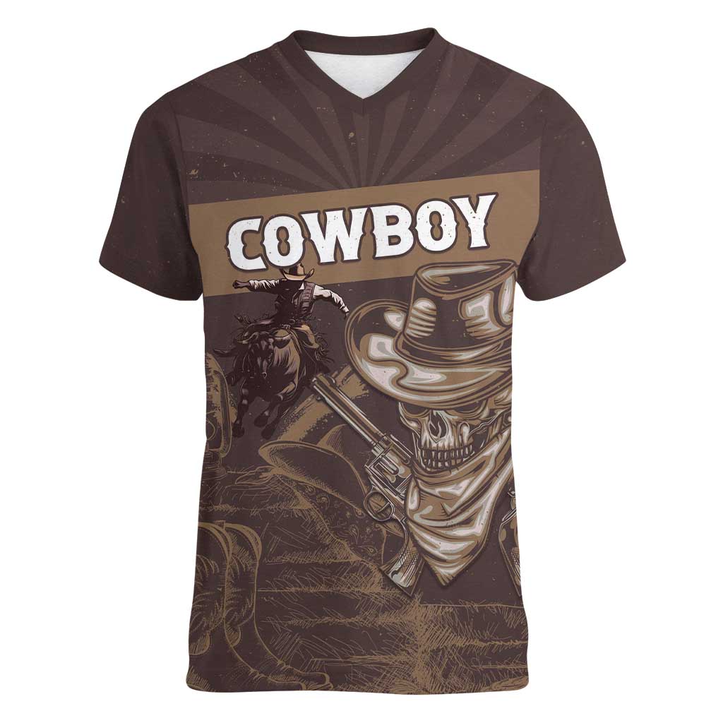 Personalised Skull Cowboy Women V-Neck T-Shirt Vintage Style