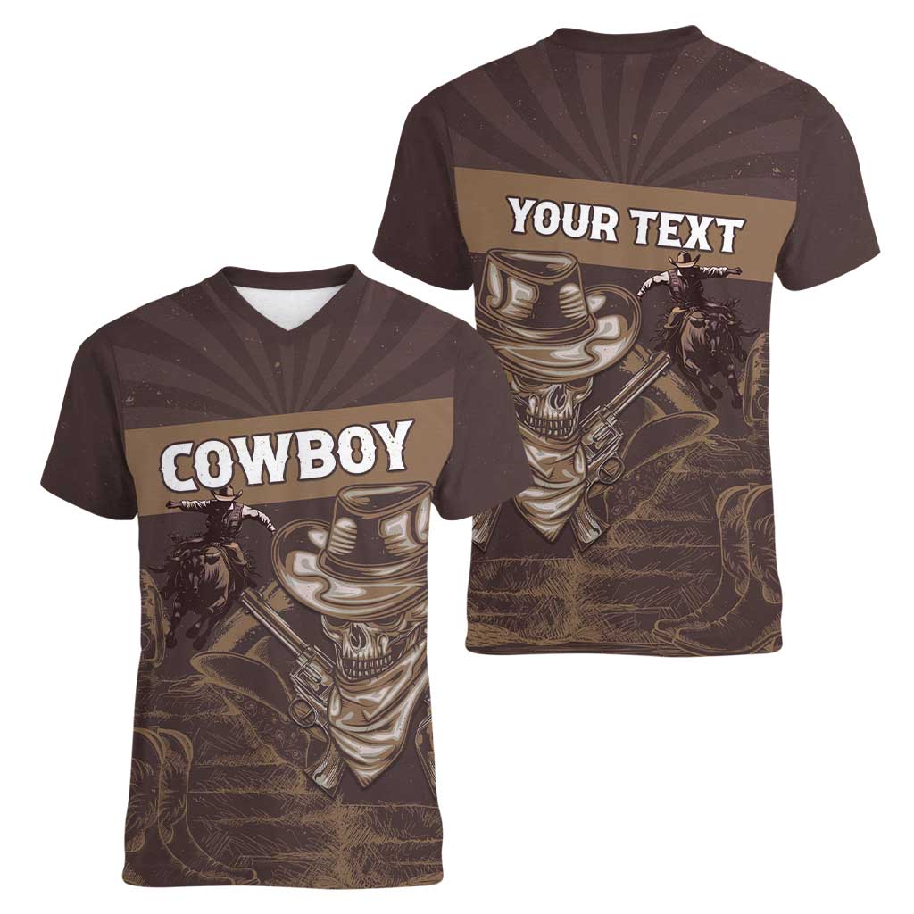 Personalised Skull Cowboy Women V-Neck T-Shirt Vintage Style