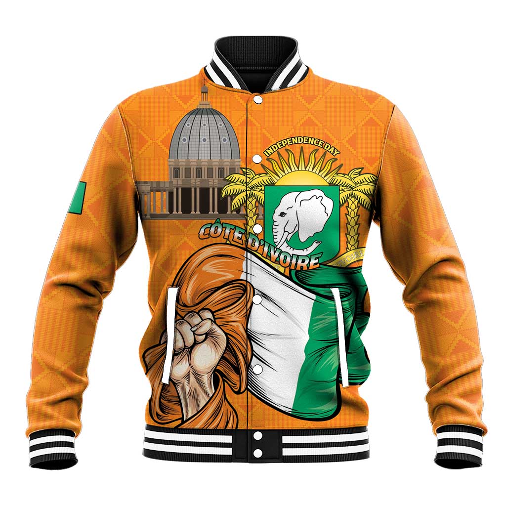 Personalised Ivory Coast Independence Day Baseball Jacket Yamoussoukro Coat Of Arms