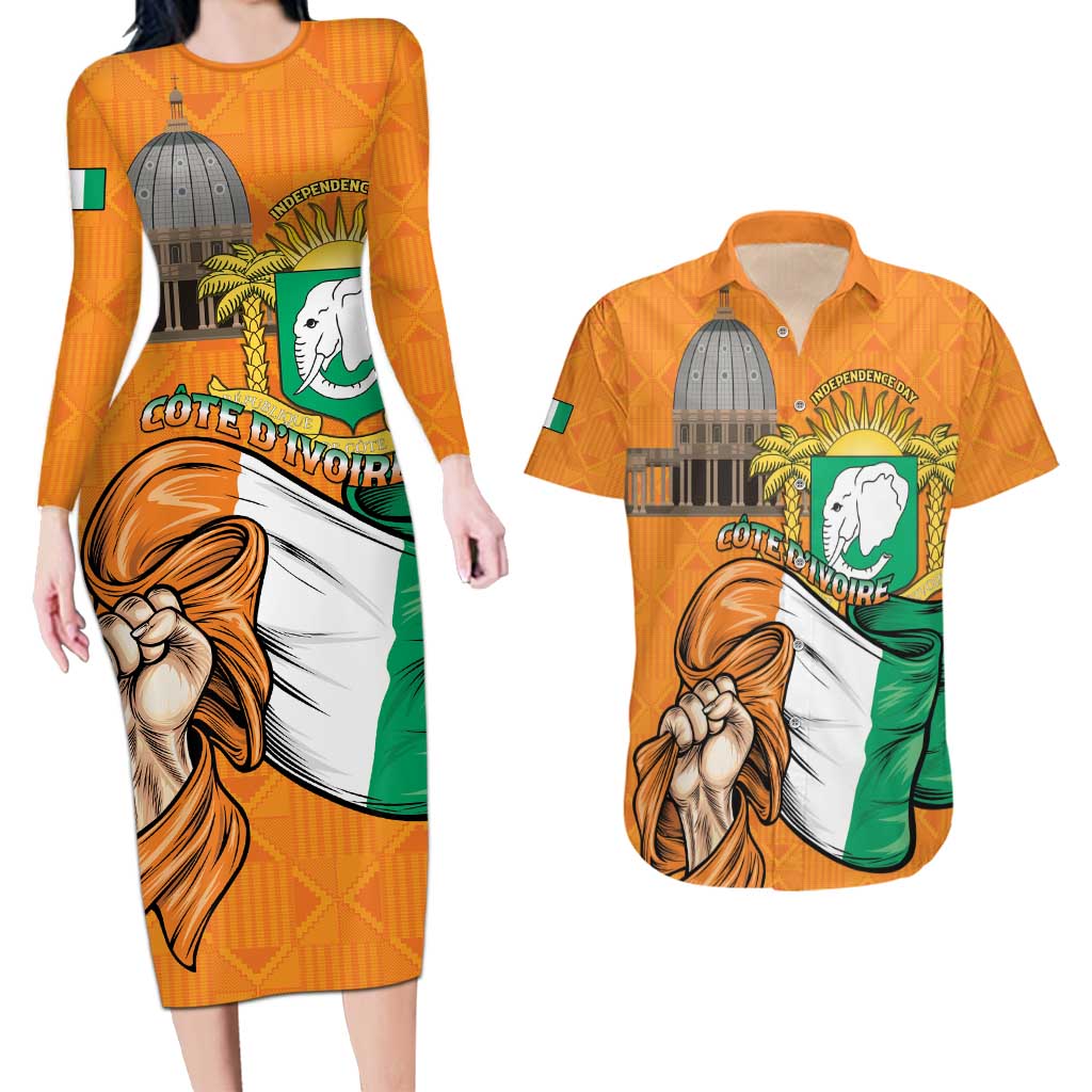Personalised Ivory Coast Independence Day Couples Matching Long Sleeve Bodycon Dress and Hawaiian Shirt Yamoussoukro Coat Of Arms