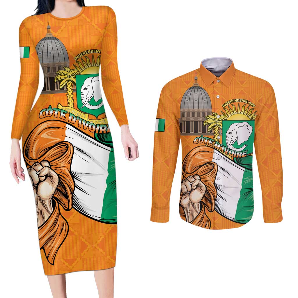 Personalised Ivory Coast Independence Day Couples Matching Long Sleeve Bodycon Dress and Long Sleeve Button Shirt Yamoussoukro Coat Of Arms