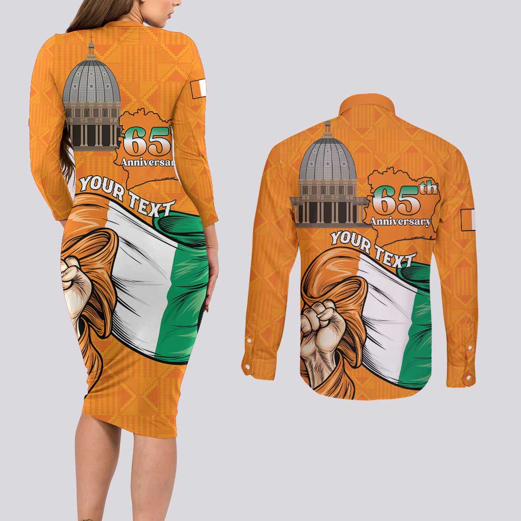 Personalised Ivory Coast Independence Day Couples Matching Long Sleeve Bodycon Dress and Long Sleeve Button Shirt Yamoussoukro Coat Of Arms