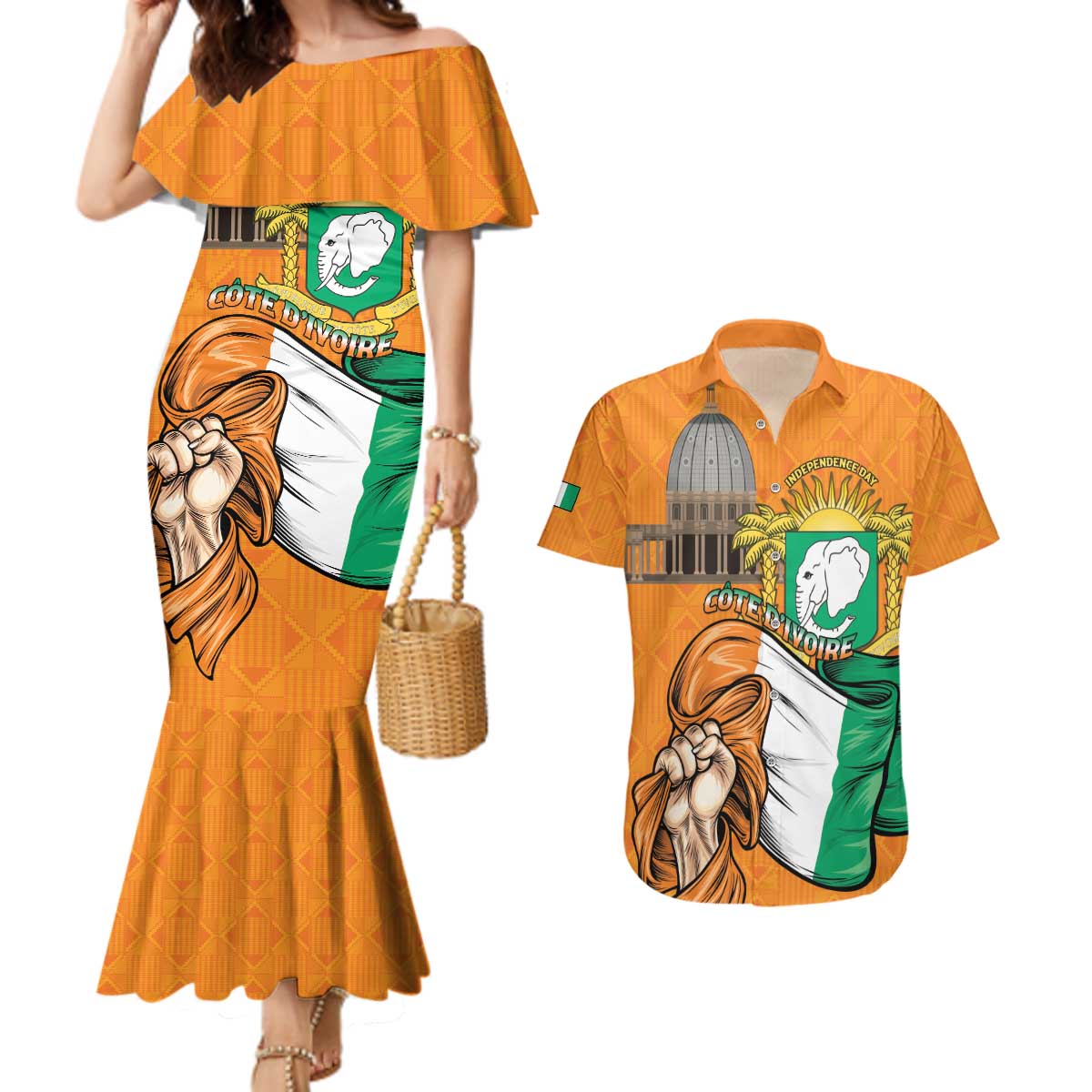 Personalised Ivory Coast Independence Day Couples Matching Mermaid Dress and Hawaiian Shirt Yamoussoukro Coat Of Arms