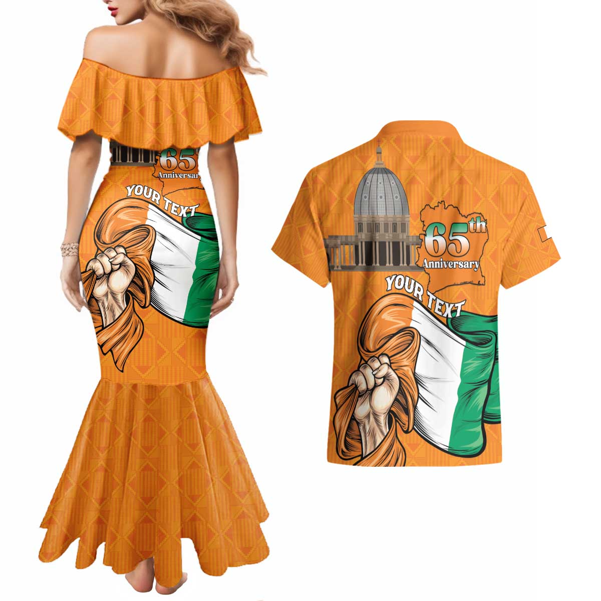 Personalised Ivory Coast Independence Day Couples Matching Mermaid Dress and Hawaiian Shirt Yamoussoukro Coat Of Arms