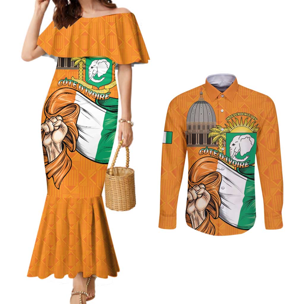 Personalised Ivory Coast Independence Day Couples Matching Mermaid Dress and Long Sleeve Button Shirt Yamoussoukro Coat Of Arms