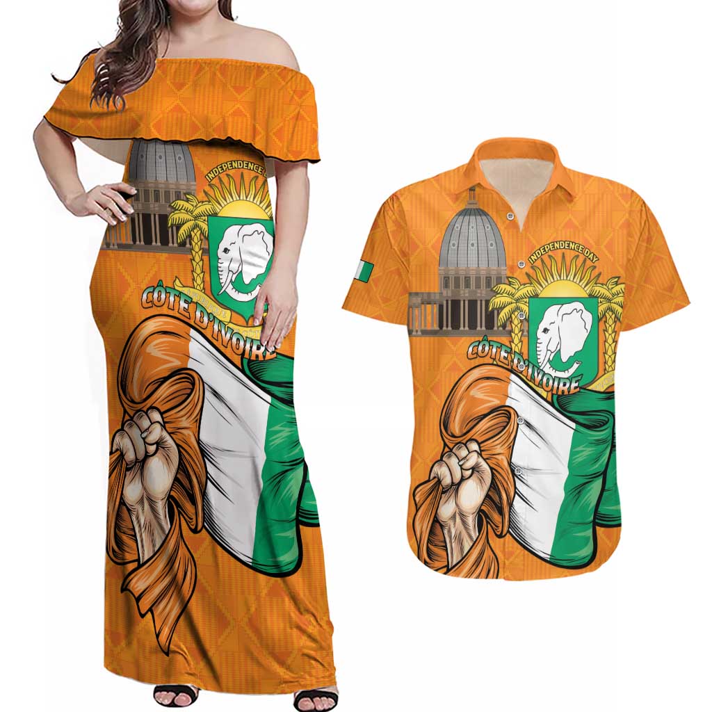 Personalised Ivory Coast Independence Day Couples Matching Off Shoulder Maxi Dress and Hawaiian Shirt Yamoussoukro Coat Of Arms