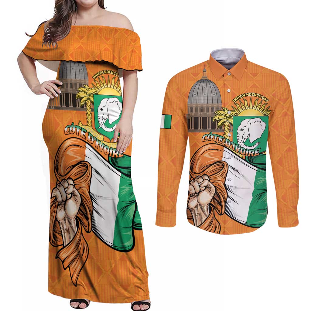 Personalised Ivory Coast Independence Day Couples Matching Off Shoulder Maxi Dress and Long Sleeve Button Shirt Yamoussoukro Coat Of Arms