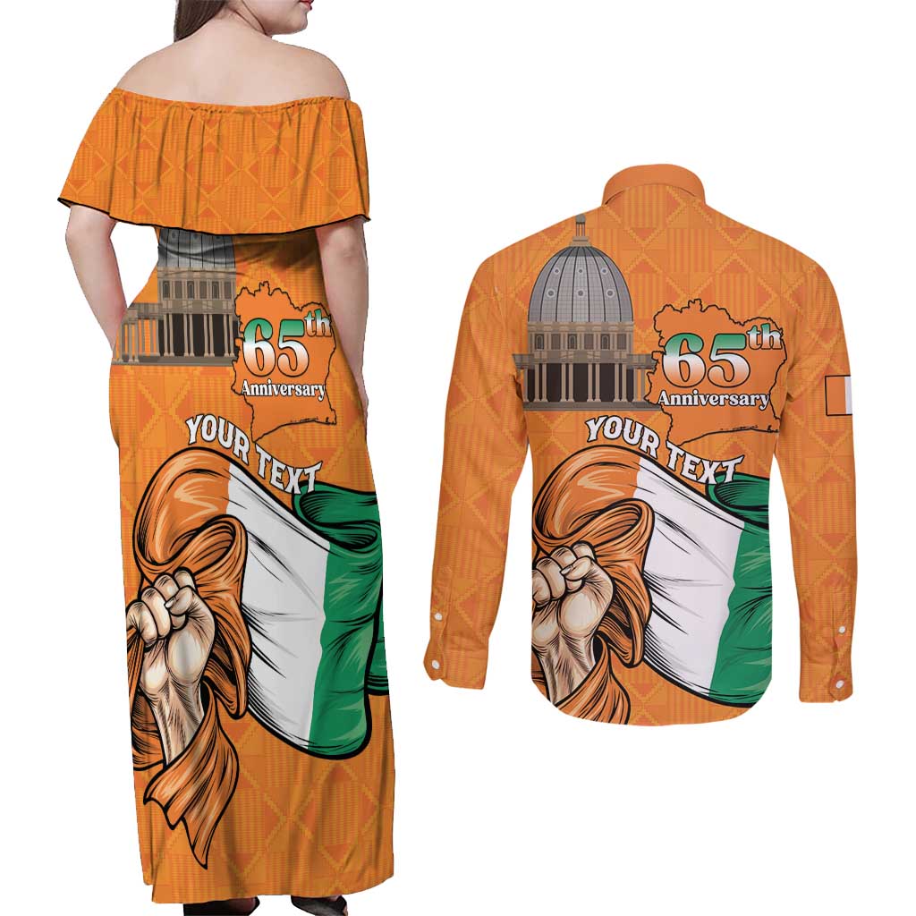 Personalised Ivory Coast Independence Day Couples Matching Off Shoulder Maxi Dress and Long Sleeve Button Shirt Yamoussoukro Coat Of Arms