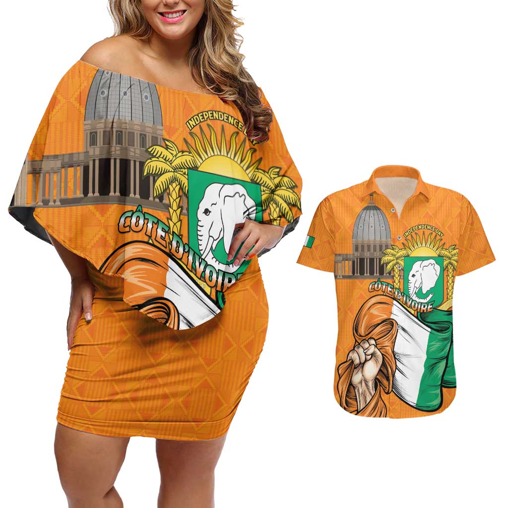 Personalised Ivory Coast Independence Day Couples Matching Off Shoulder Short Dress and Hawaiian Shirt Yamoussoukro Coat Of Arms
