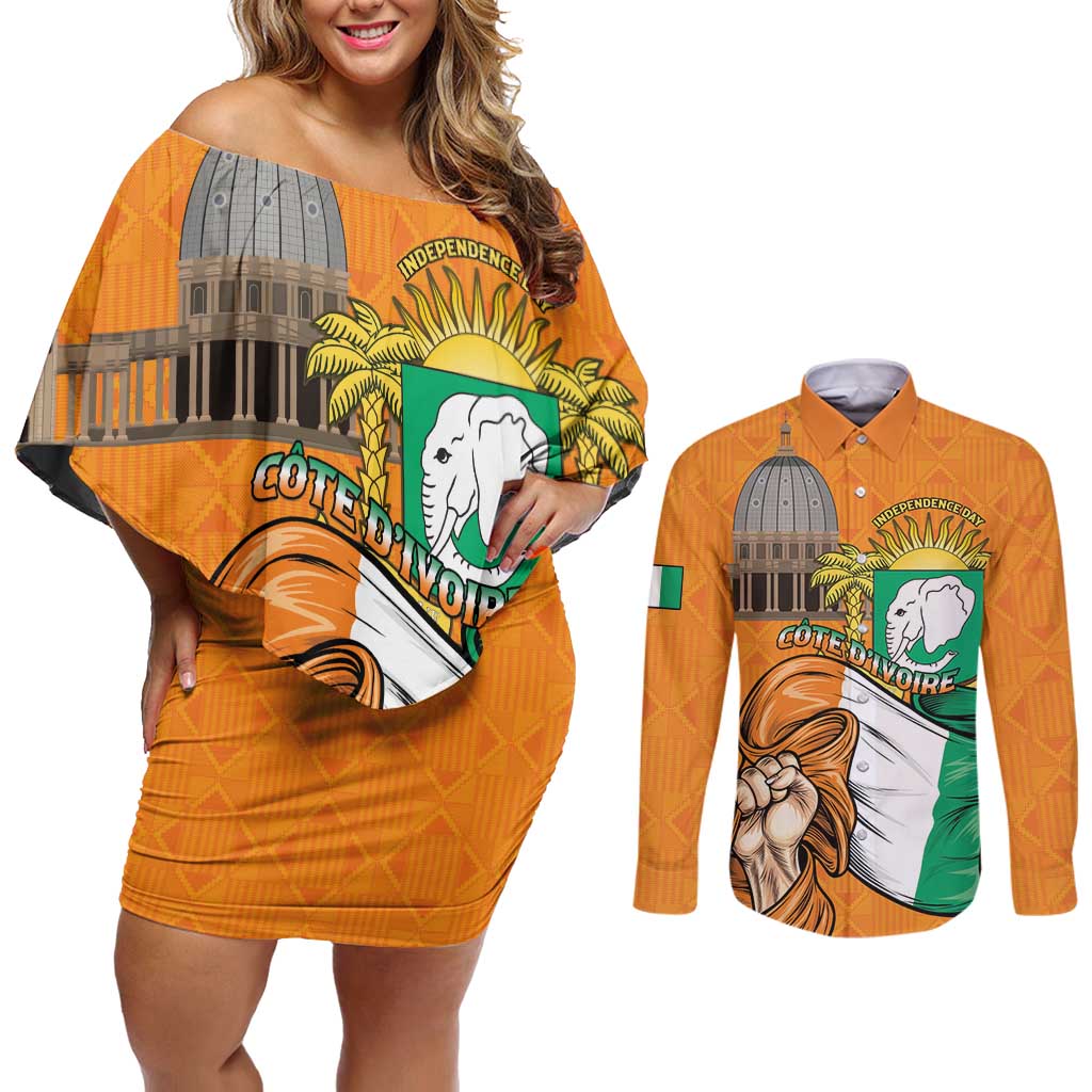 Personalised Ivory Coast Independence Day Couples Matching Off Shoulder Short Dress and Long Sleeve Button Shirt Yamoussoukro Coat Of Arms