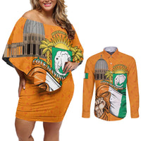 Personalised Ivory Coast Independence Day Couples Matching Off Shoulder Short Dress and Long Sleeve Button Shirt Yamoussoukro Coat Of Arms