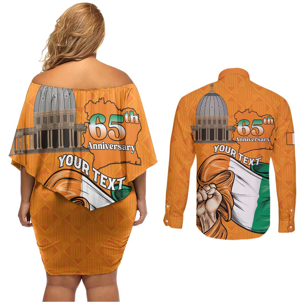 Personalised Ivory Coast Independence Day Couples Matching Off Shoulder Short Dress and Long Sleeve Button Shirt Yamoussoukro Coat Of Arms