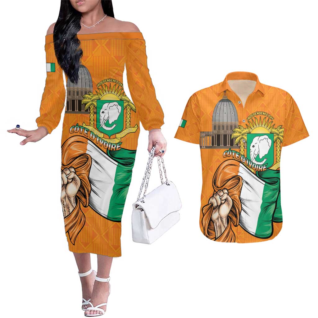 Personalised Ivory Coast Independence Day Couples Matching Off The Shoulder Long Sleeve Dress and Hawaiian Shirt Yamoussoukro Coat Of Arms