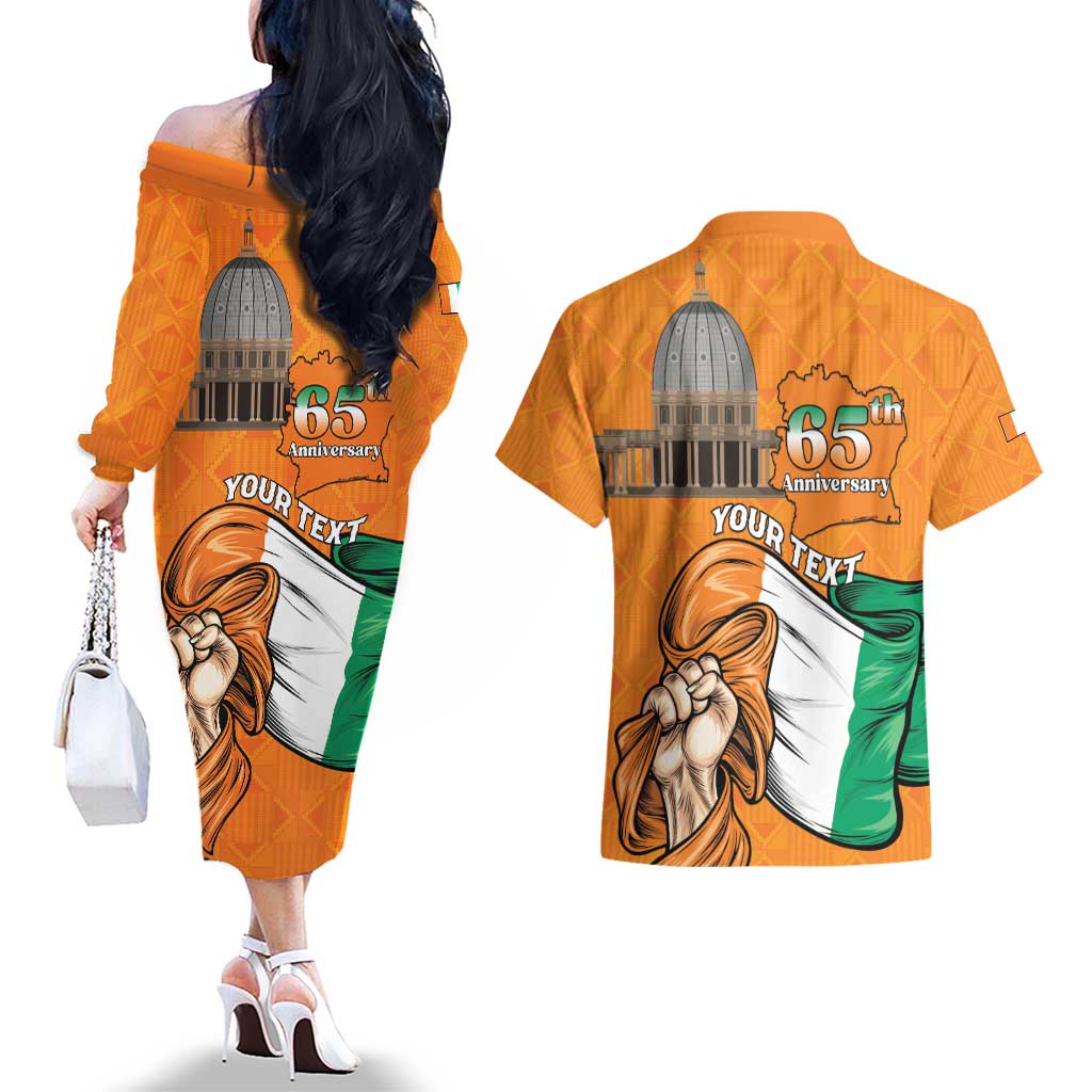 Personalised Ivory Coast Independence Day Couples Matching Off The Shoulder Long Sleeve Dress and Hawaiian Shirt Yamoussoukro Coat Of Arms