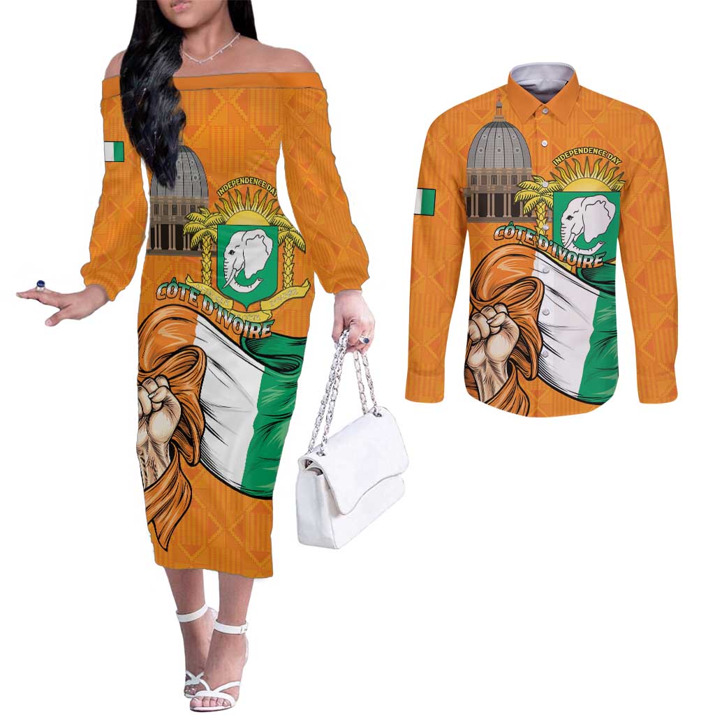 Personalised Ivory Coast Independence Day Couples Matching Off The Shoulder Long Sleeve Dress and Long Sleeve Button Shirt Yamoussoukro Coat Of Arms