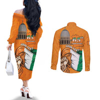 Personalised Ivory Coast Independence Day Couples Matching Off The Shoulder Long Sleeve Dress and Long Sleeve Button Shirt Yamoussoukro Coat Of Arms