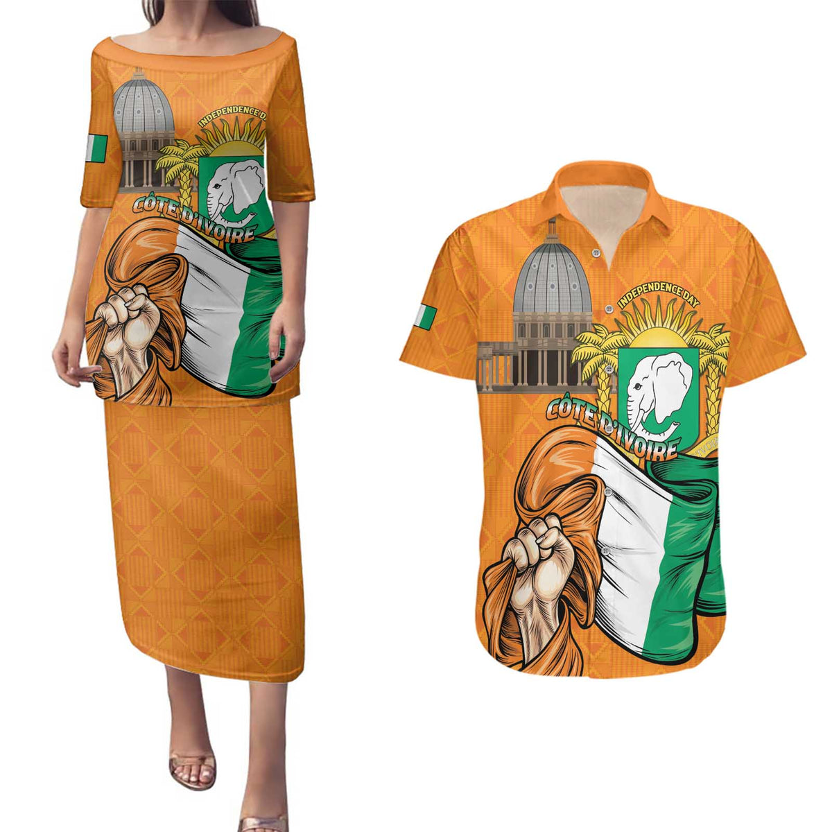 Personalised Ivory Coast Independence Day Couples Matching Puletasi and Hawaiian Shirt Yamoussoukro Coat Of Arms
