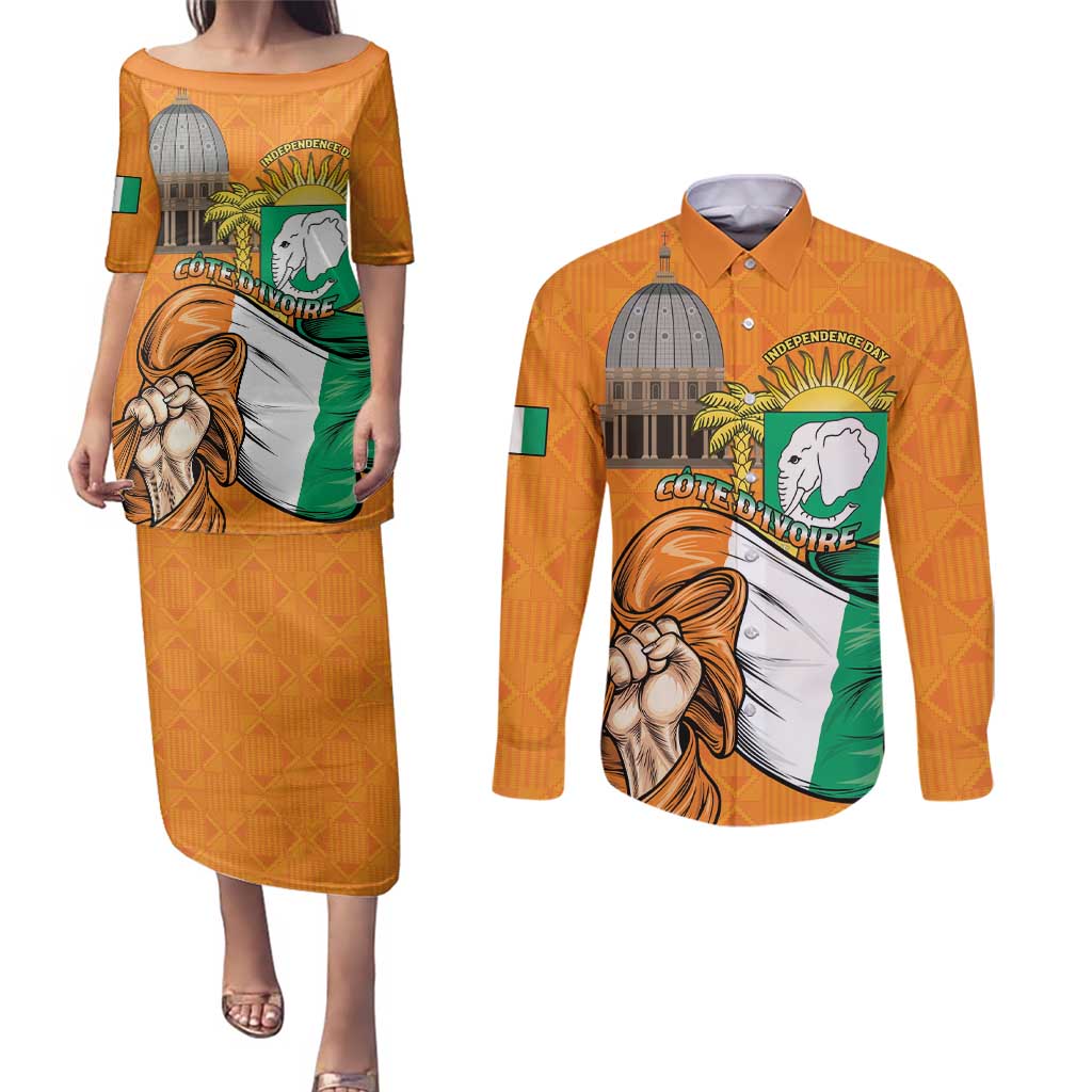 Personalised Ivory Coast Independence Day Couples Matching Puletasi and Long Sleeve Button Shirt Yamoussoukro Coat Of Arms
