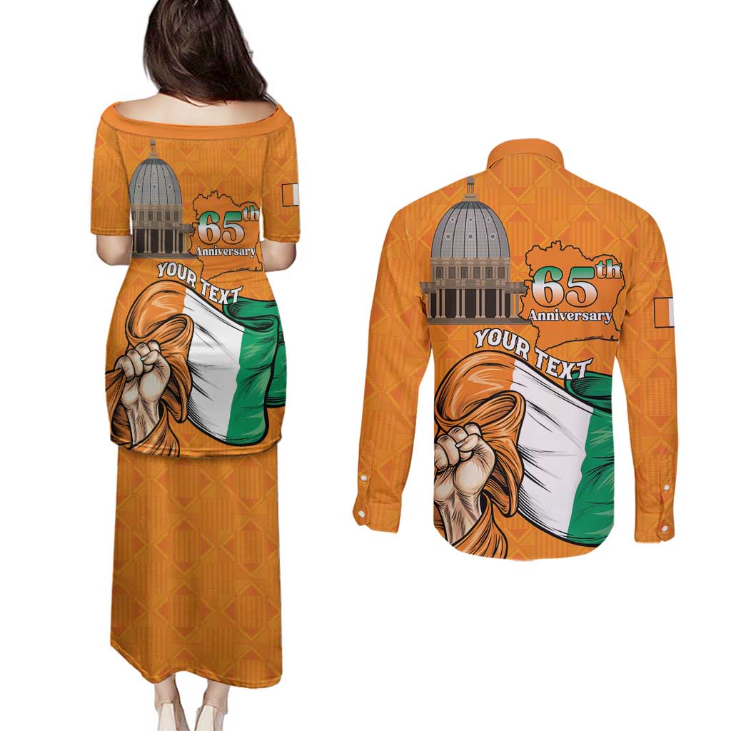 Personalised Ivory Coast Independence Day Couples Matching Puletasi and Long Sleeve Button Shirt Yamoussoukro Coat Of Arms