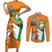 Personalised Ivory Coast Independence Day Couples Matching Short Sleeve Bodycon Dress and Long Sleeve Button Shirt Yamoussoukro Coat Of Arms