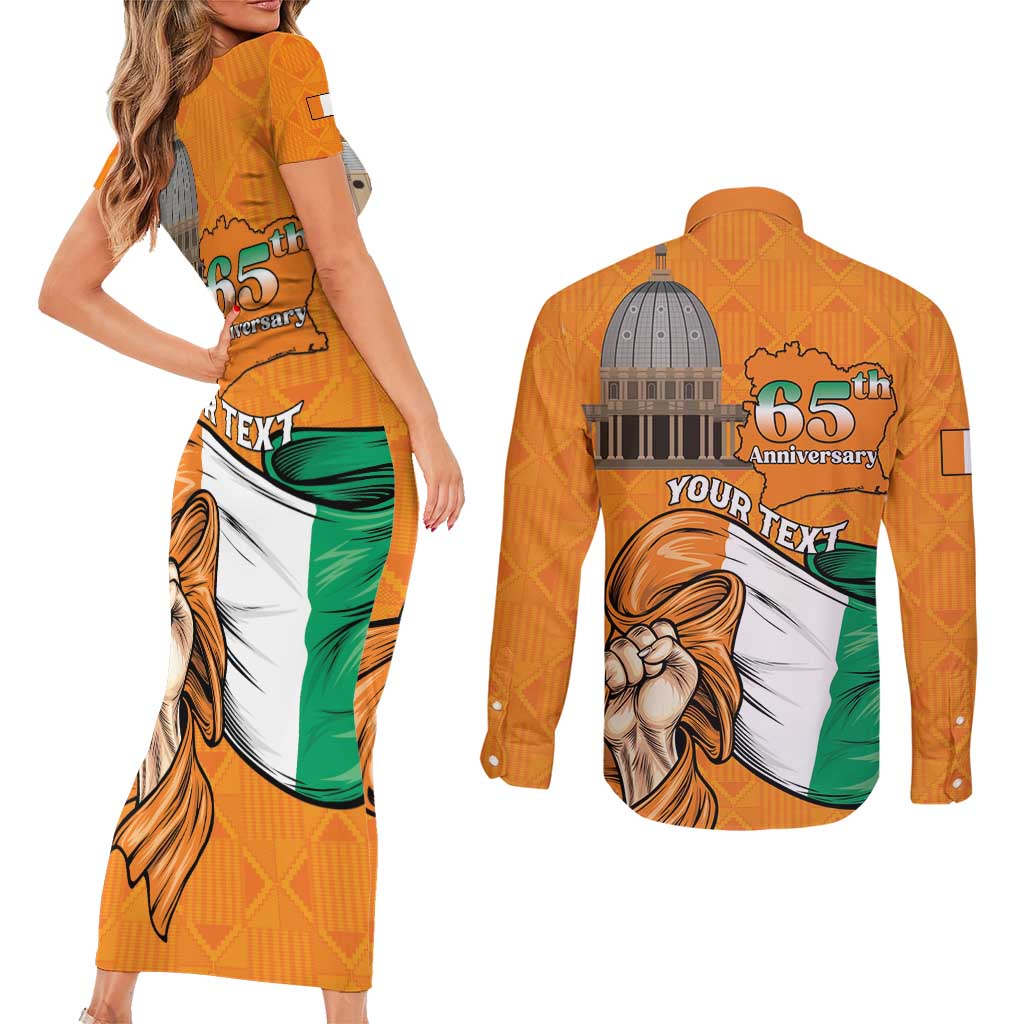 Personalised Ivory Coast Independence Day Couples Matching Short Sleeve Bodycon Dress and Long Sleeve Button Shirt Yamoussoukro Coat Of Arms