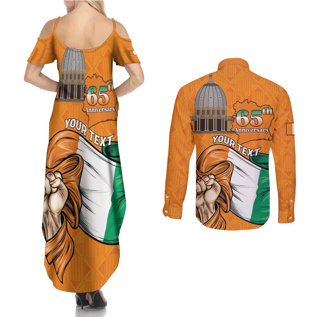 Personalised Ivory Coast Independence Day Couples Matching Summer Maxi Dress and Long Sleeve Button Shirt Yamoussoukro Coat Of Arms
