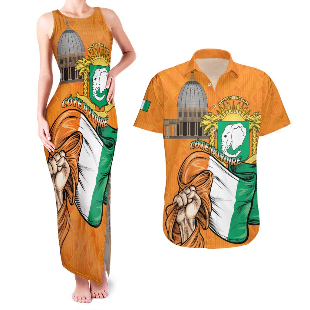 Personalised Ivory Coast Independence Day Couples Matching Tank Maxi Dress and Hawaiian Shirt Yamoussoukro Coat Of Arms