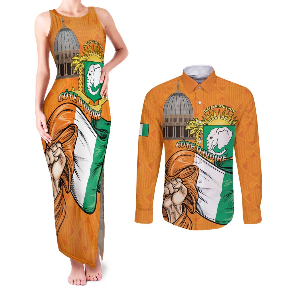 Personalised Ivory Coast Independence Day Couples Matching Tank Maxi Dress and Long Sleeve Button Shirt Yamoussoukro Coat Of Arms