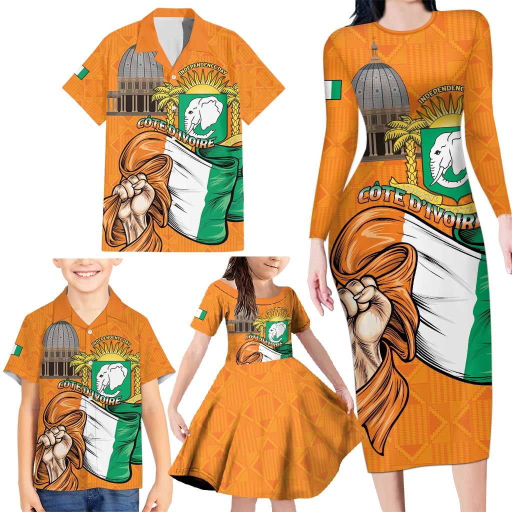 Personalised Ivory Coast Independence Day Family Matching Long Sleeve Bodycon Dress and Hawaiian Shirt Yamoussoukro Coat Of Arms