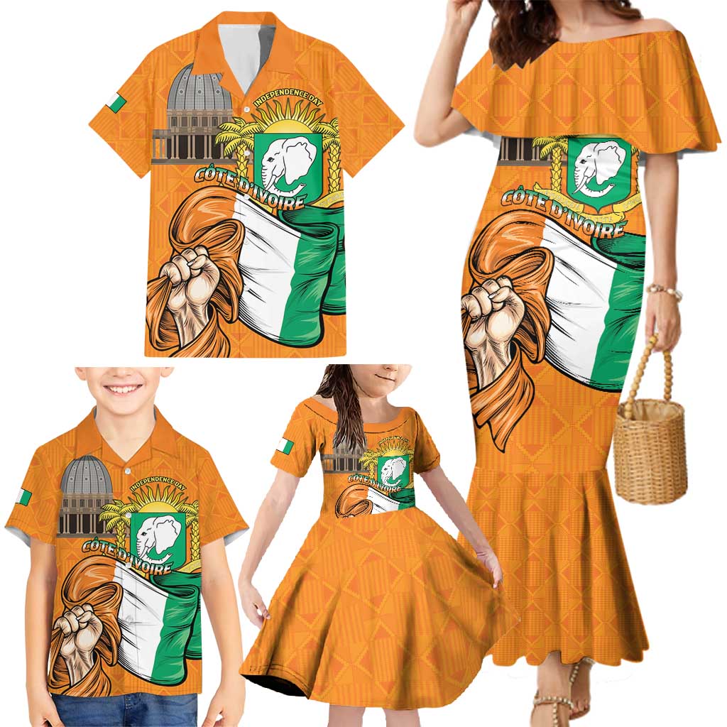 Personalised Ivory Coast Independence Day Family Matching Mermaid Dress and Hawaiian Shirt Yamoussoukro Coat Of Arms
