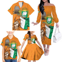Personalised Ivory Coast Independence Day Family Matching Off The Shoulder Long Sleeve Dress and Hawaiian Shirt Yamoussoukro Coat Of Arms