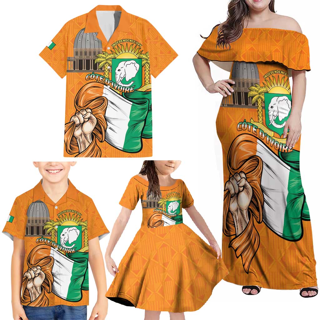 Personalised Ivory Coast Independence Day Family Matching Off Shoulder Maxi Dress and Hawaiian Shirt Yamoussoukro Coat Of Arms