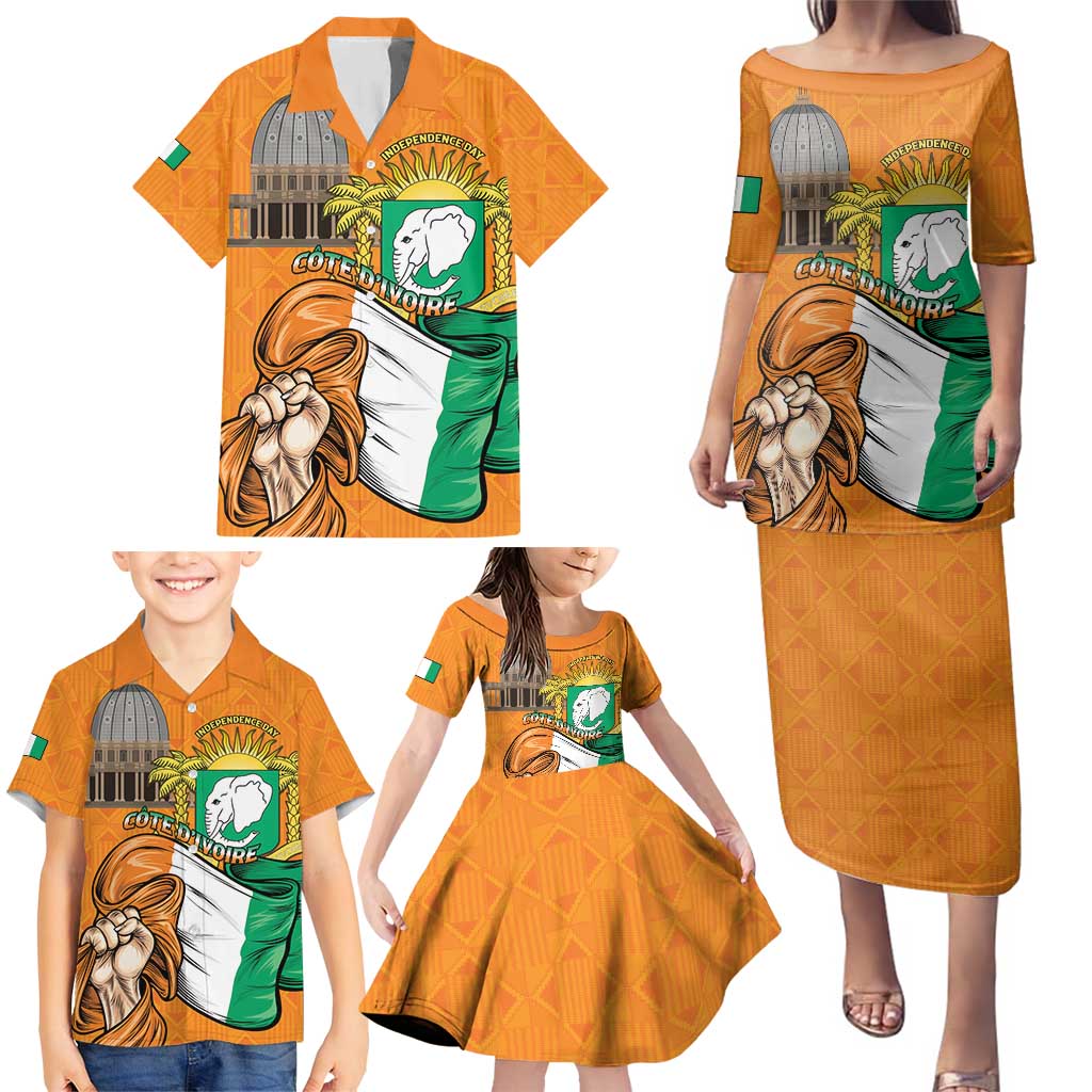 Personalised Ivory Coast Independence Day Family Matching Puletasi and Hawaiian Shirt Yamoussoukro Coat Of Arms