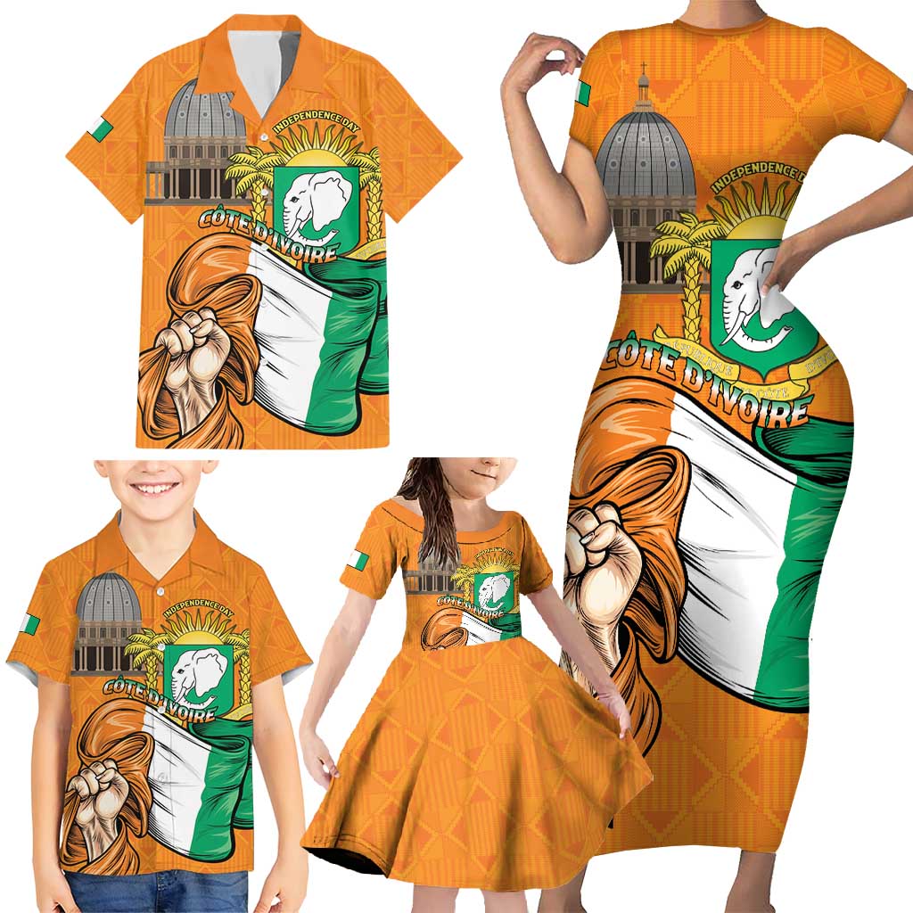 Personalised Ivory Coast Independence Day Family Matching Short Sleeve Bodycon Dress and Hawaiian Shirt Yamoussoukro Coat Of Arms