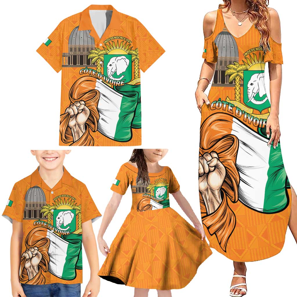 Personalised Ivory Coast Independence Day Family Matching Summer Maxi Dress and Hawaiian Shirt Yamoussoukro Coat Of Arms