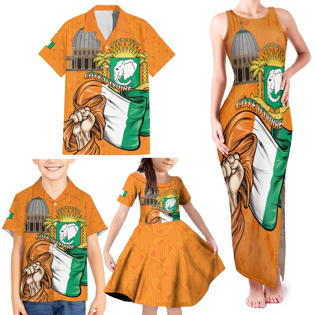 Personalised Ivory Coast Independence Day Family Matching Tank Maxi Dress and Hawaiian Shirt Yamoussoukro Coat Of Arms