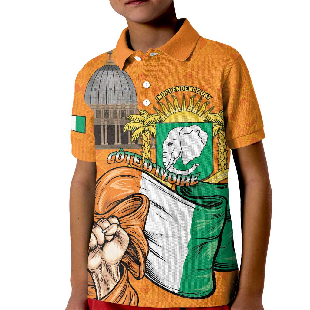 Personalised Ivory Coast Independence Day Kid Polo Shirt Yamoussoukro Coat Of Arms