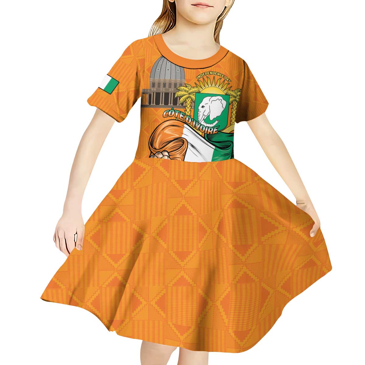 Personalised Ivory Coast Independence Day Kid Short Sleeve Dress Yamoussoukro Coat Of Arms