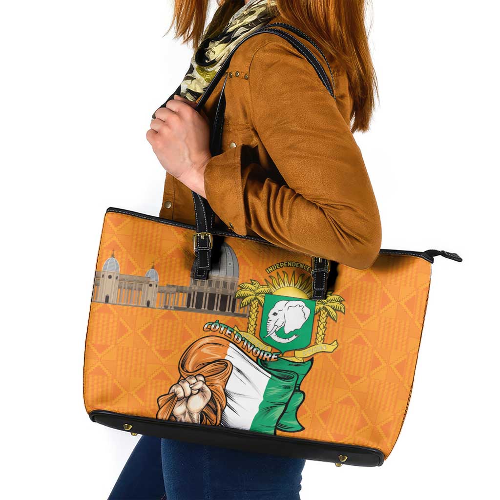 Ivory Coast Independence Day Leather Tote Bag Yamoussoukro Coat Of Arms